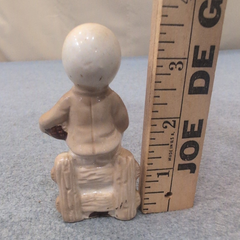 Vintage Ceramic Boy Figurine Tan Cream Overalls Fence Rustic Decor - Picture 2 of 3